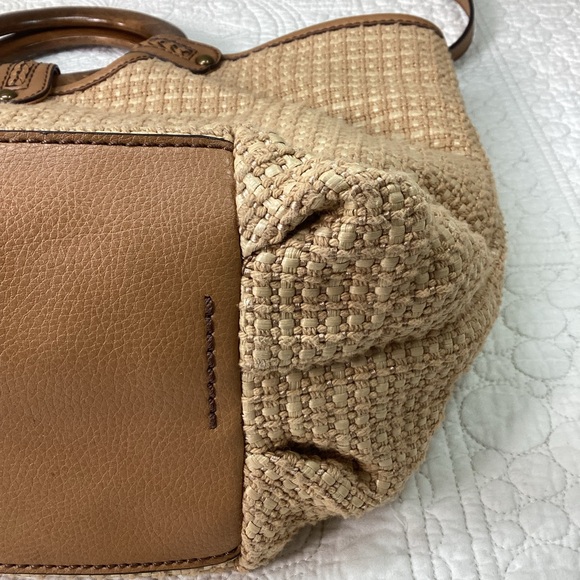 Fossil 1954 Classic Woven Purse Wooden Handles Detachable Straps Beige Brown - Picture 7 of 16